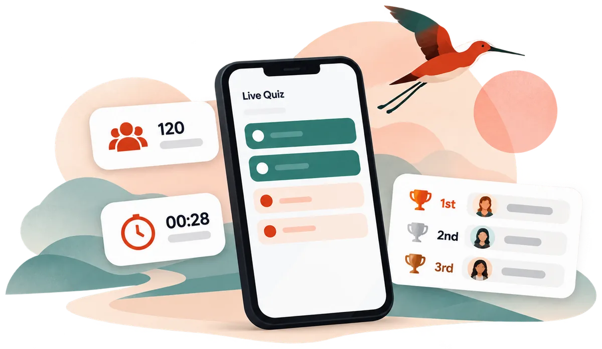 A live quiz on a phone with participant count, countdown and podium cards